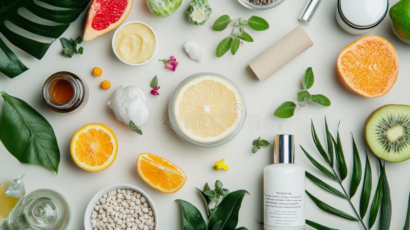 Natural botanical skincare ingredients flat lay